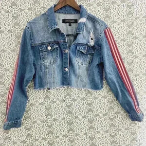 Ashley Mason Distressed Striped Crop Trucker Jean Jacket Women's S